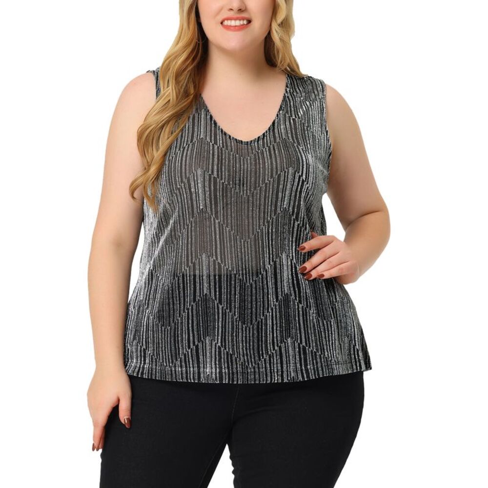Plus Size Sequin Tops Women Sleeveless Glitter Tank Party Vest Silver